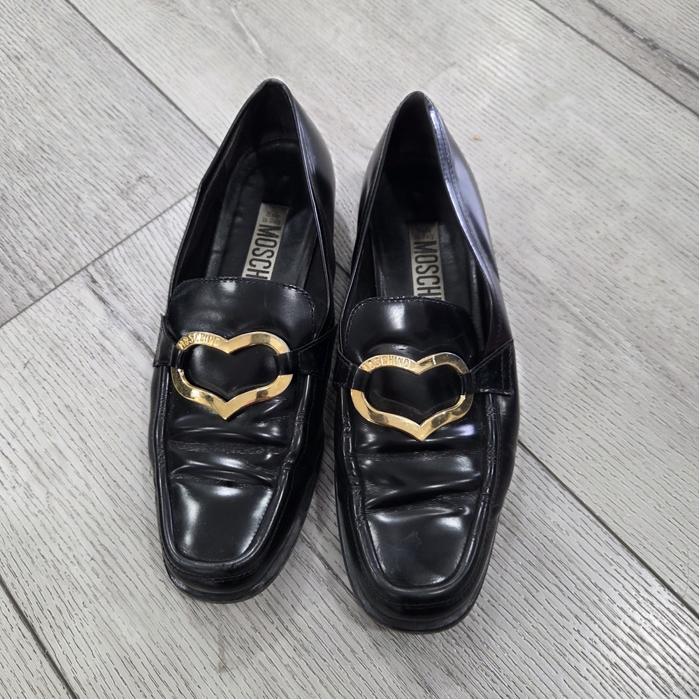 Moschino Black Loafers with Gold Heart Detail